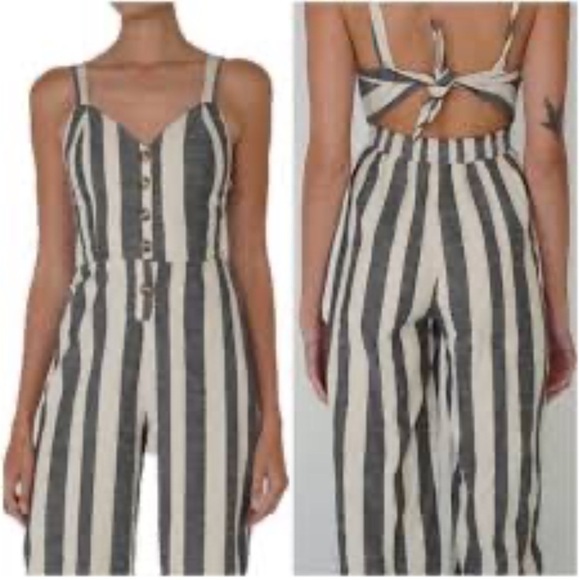 Japna Cotton Gray and White Striped Jumpsuit w/ Tie Back & Adjustable Straps -M - Picture 1 of 11